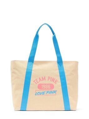 PINK Victoria's Secret Beige Canvas Tote with Bright Blue Straps and Pink Logo